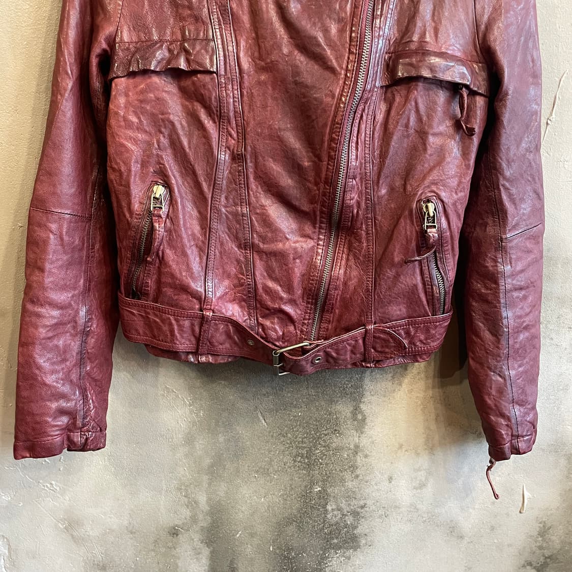 버건디 베지터블 레더 바이커 자켓 상품이미지6
