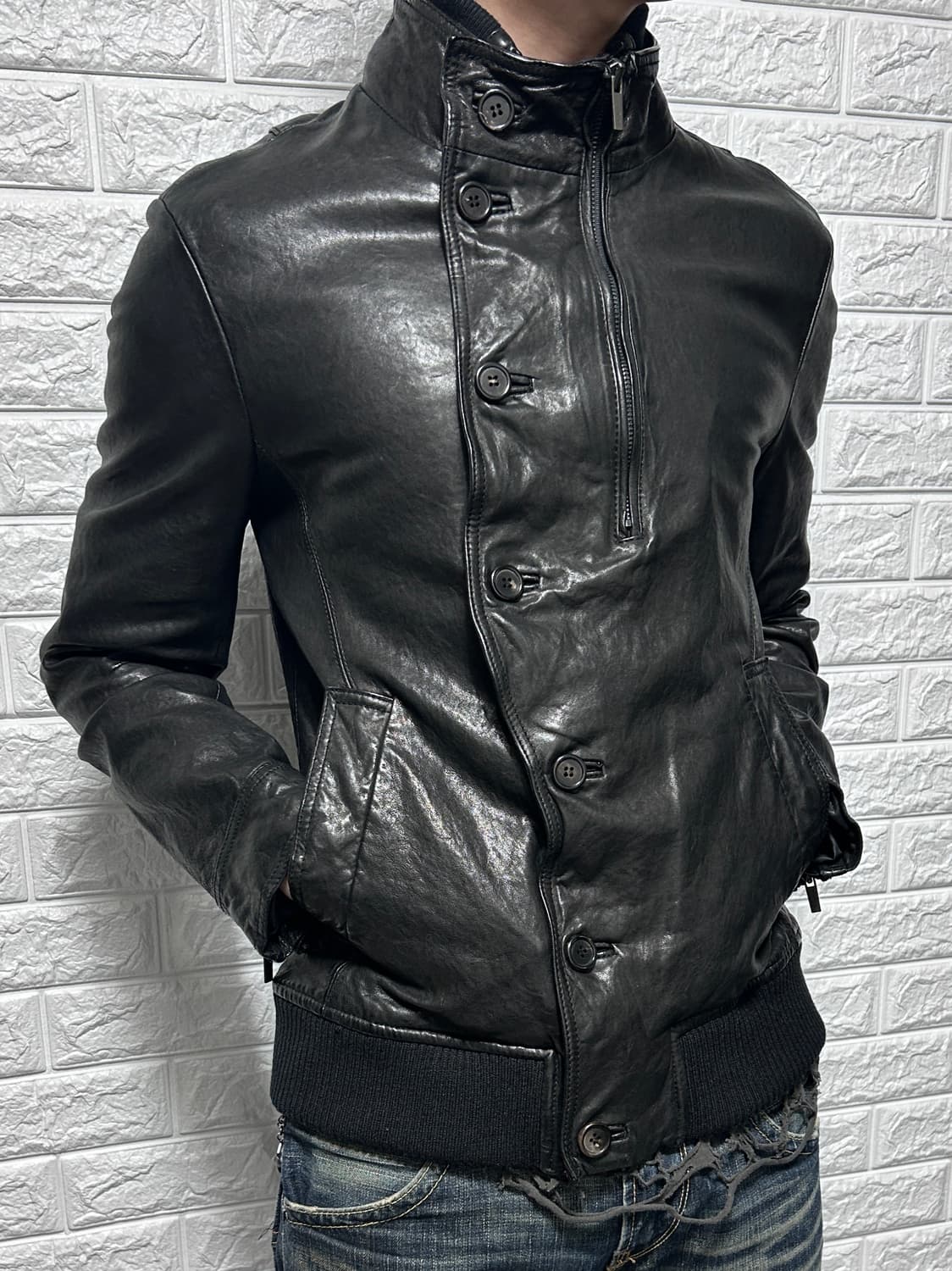 Tate 아티잔 무드  더블 넥 레더 자켓 상품이미지1