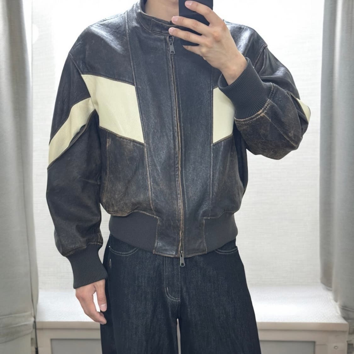 디스트레스 믹스드 레더 점퍼 상품이미지1