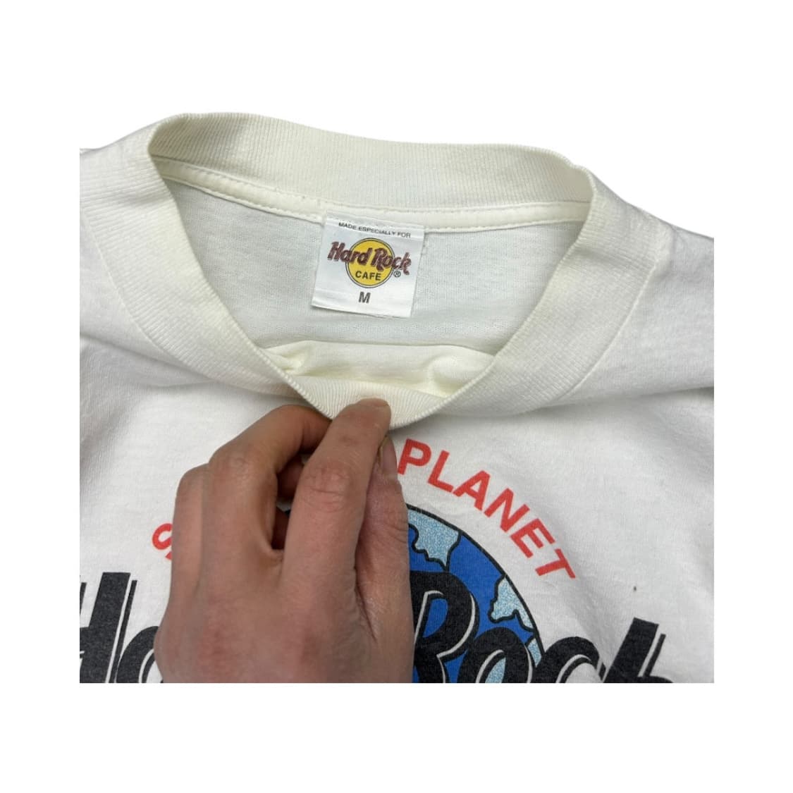 M) 하드락카페 90s USA 괌 화이트 지구 로고 프린트 반팔 티셔츠  상품이미지3