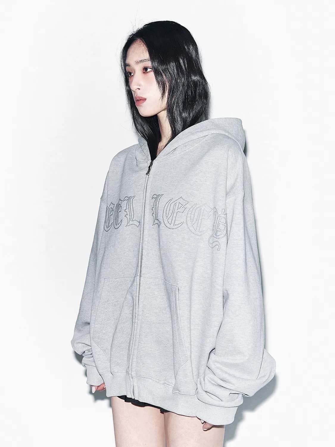 (택O) yeel 와이이이엘 스터드 오버사이즈 후드집업 (그레이) 상품이미지2