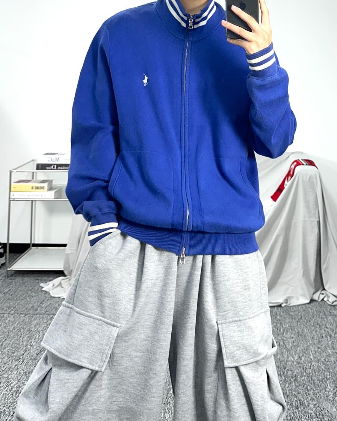 폴로 랄프로렌 블루 화이트 포니 니트 집업 XL 상품이미지3