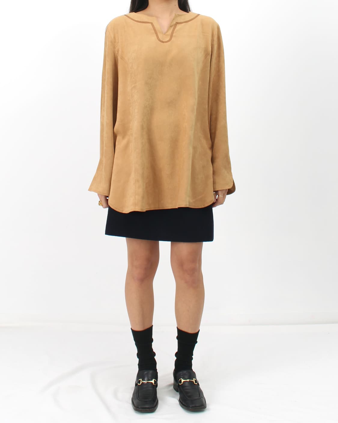 일본 빈티지 에스닉 스웨이드 베이지 라운드 넥 자수 블라우스 상품이미지8