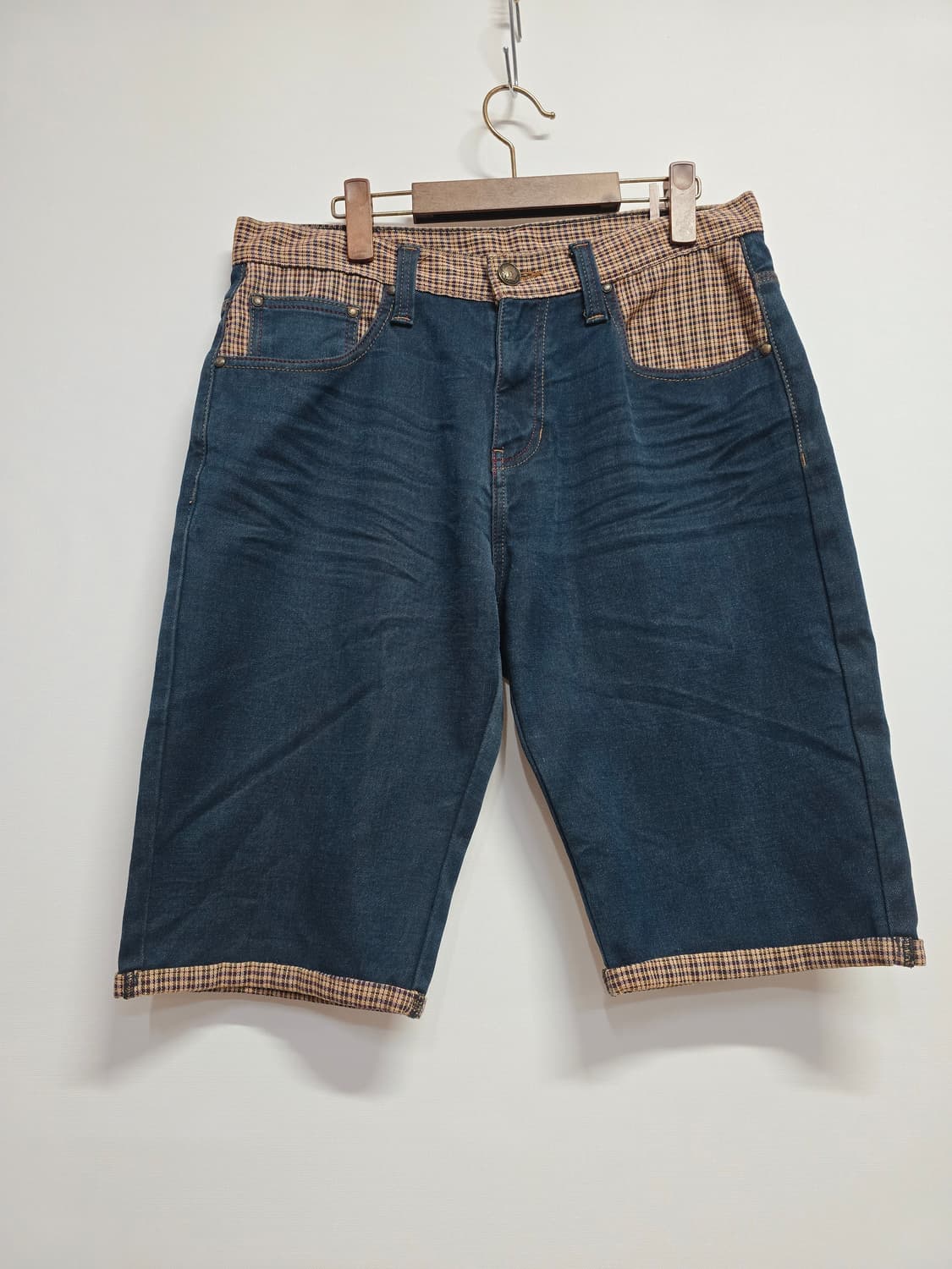 에비수 체크 배색 데님 반바지 상품이미지1