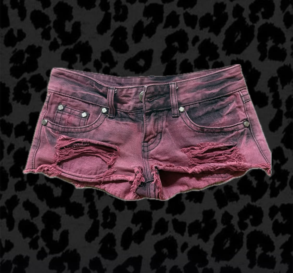 빈티지 핑크 블랙 스터드 스머징 팬츠 반바지 갸루 상품이미지1