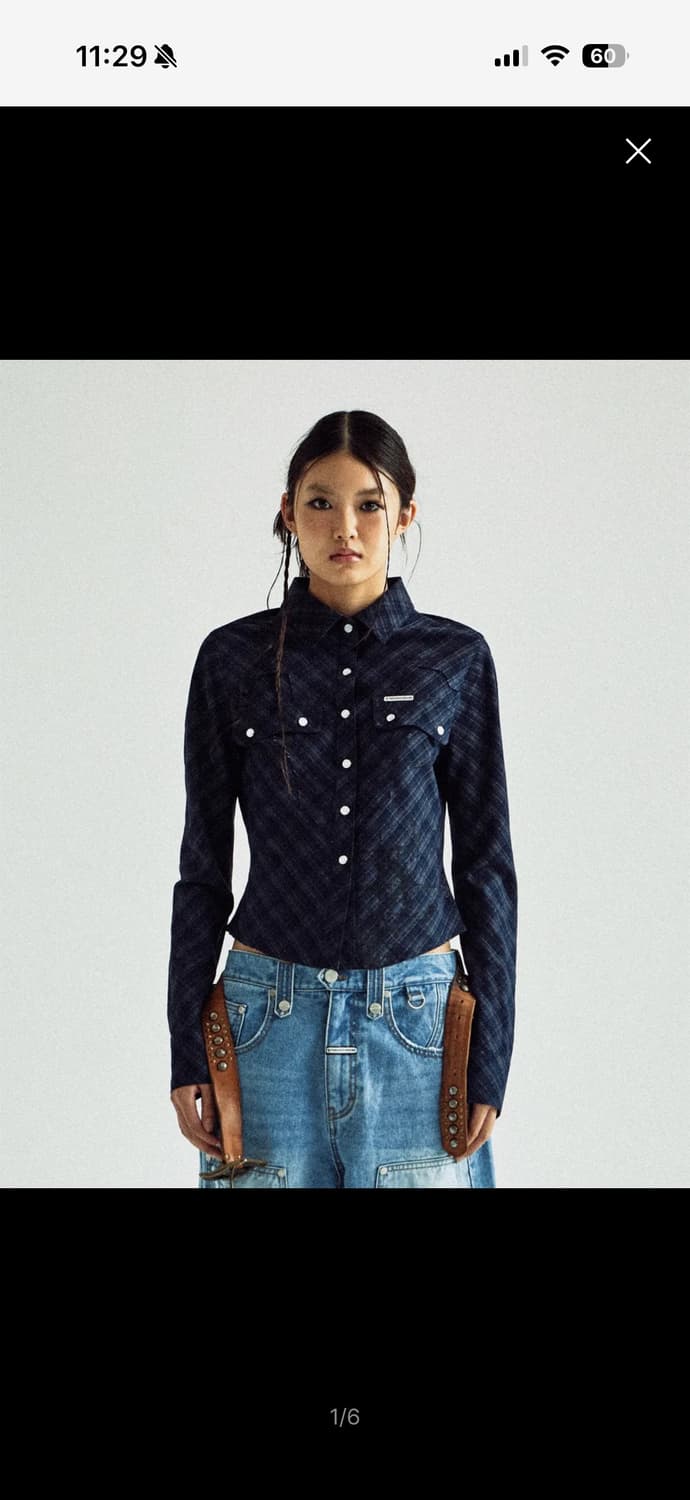 PAINTING CROP CHECK SHIRTS(W) NAVY 상품이미지1
