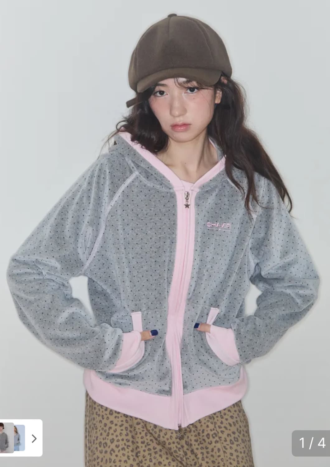 샤키리 그레이 핑크 테리 도트 래글런 후디 후드집업 상품이미지1