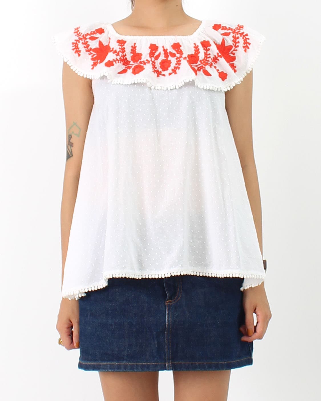 유럽 빈티지 플라워 자수 오프숄더 나시 화이트 여름 블라우스 상품이미지5