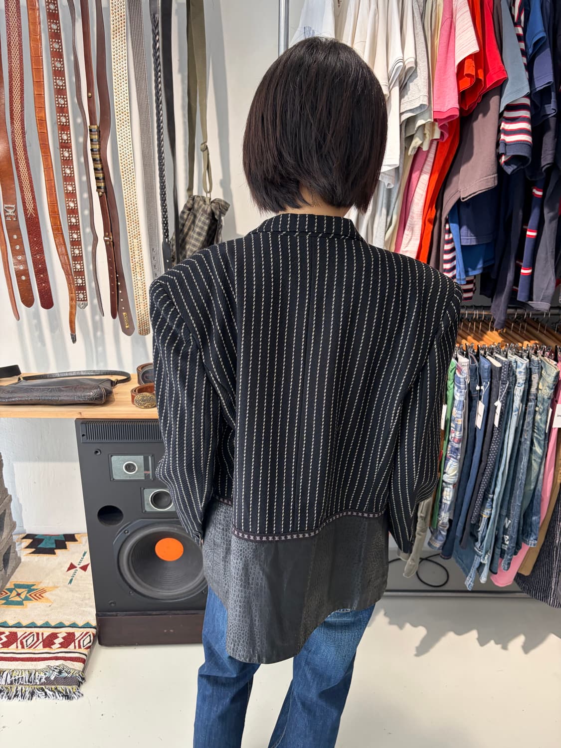 핀스트라이프 레더 배색 테일러드 자켓 L 상품이미지4