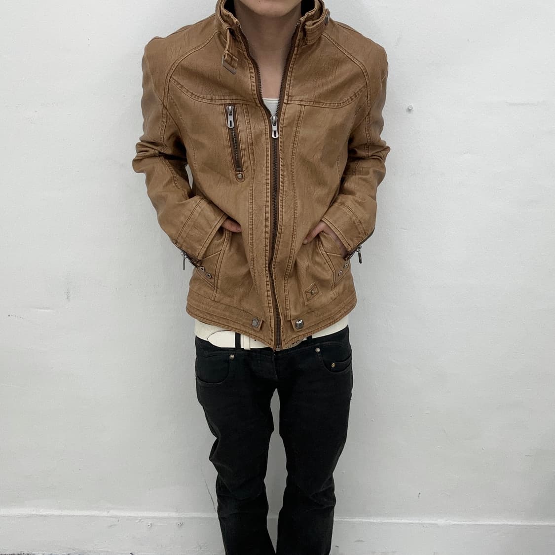 Beige brown leather jacket 상품이미지2