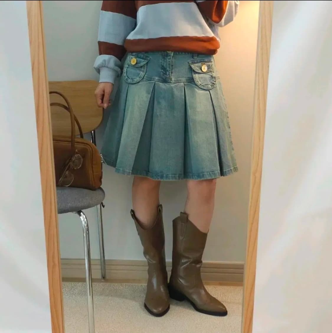 (66)올리브데올리브 여성  플리츠 데님 스커트 상품이미지1