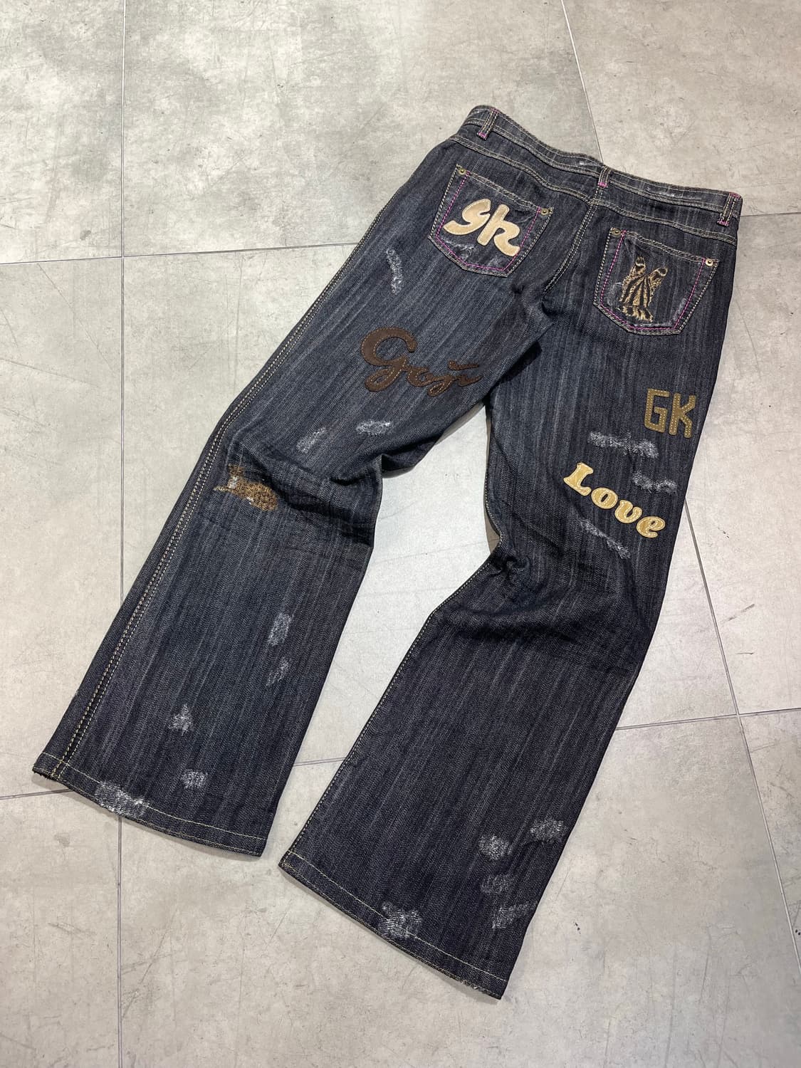 일본 빈티지 모리걸 고양이 레터링 패치 와이드 데님 팬츠  상품이미지6