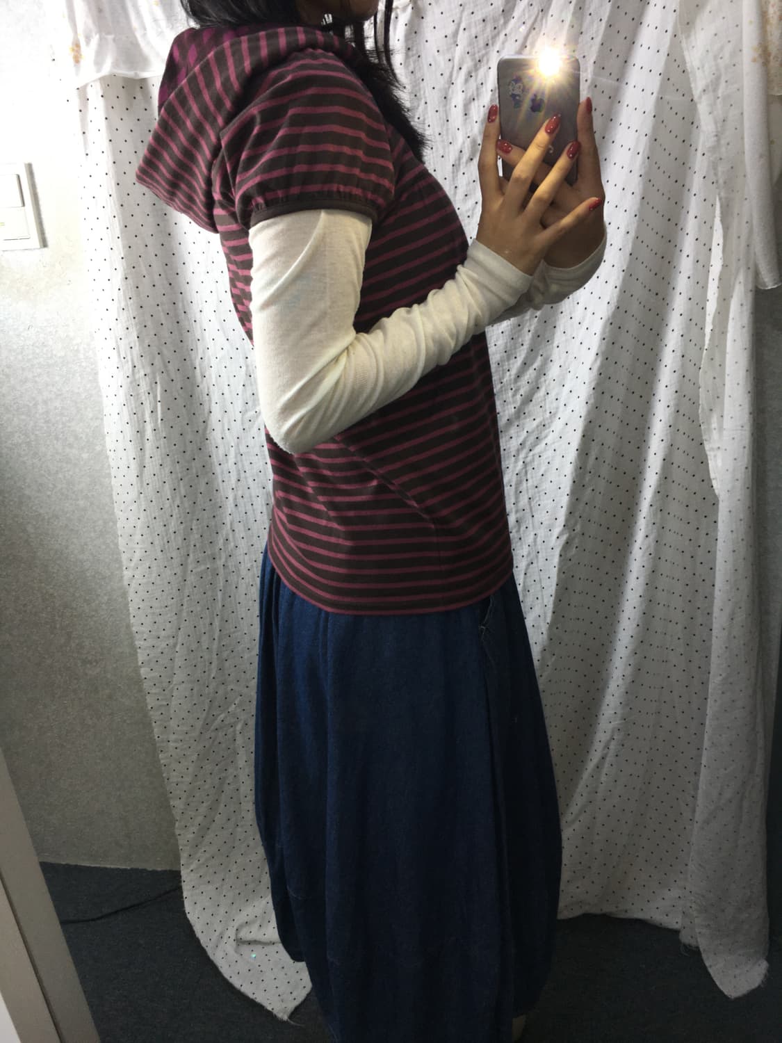 핑크브라운 스트라이프 후드 티셔츠 상품이미지4