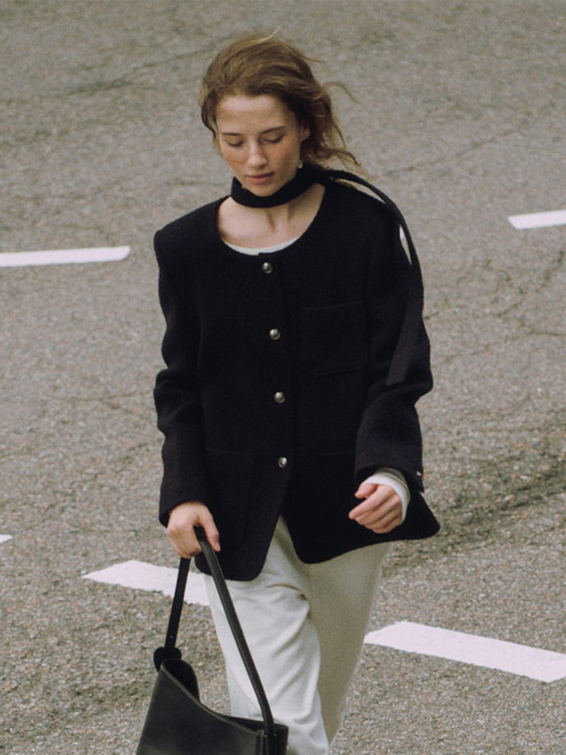 오스트카카 부클 트위드 싱글 롱 자켓 블랙 상품이미지1