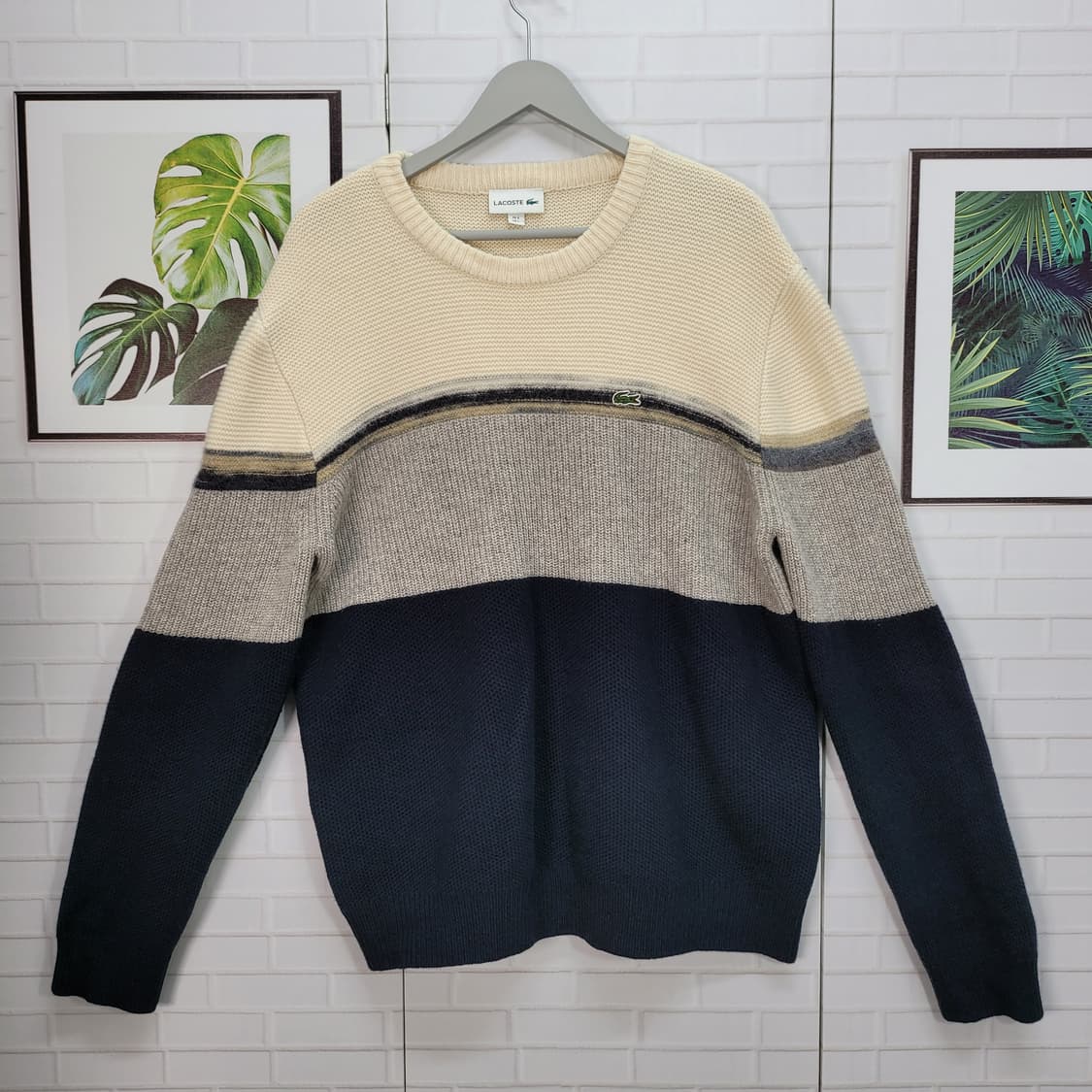 라코스테 컬러블럭 모100% 라운드넥 풀오버 긴팔 니트 스웨터 L사이즈 상품이미지1