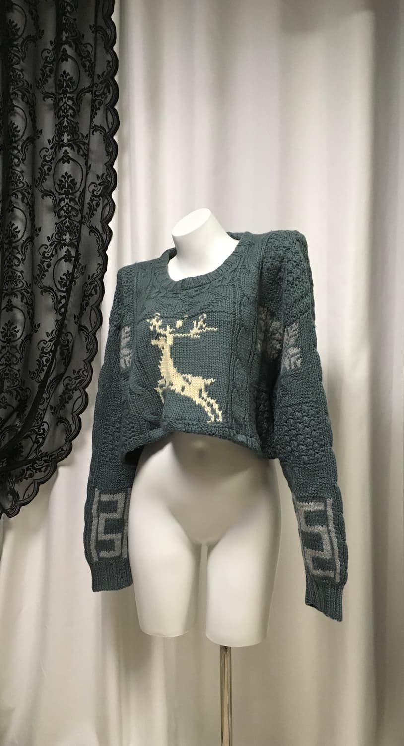 Vintage 커스텀 크롭 사슴 꽈배기 자수니트 틸블루 터콰이즈 청록 상품이미지1