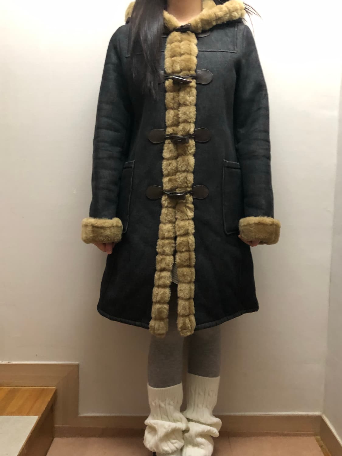 빈티지 블랙 베이지 퍼 더플 코트 상품이미지6