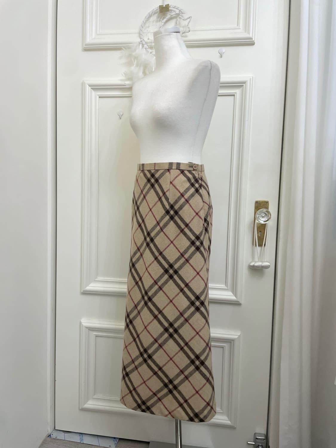 beige brown check wool warm long skirt 상품이미지2