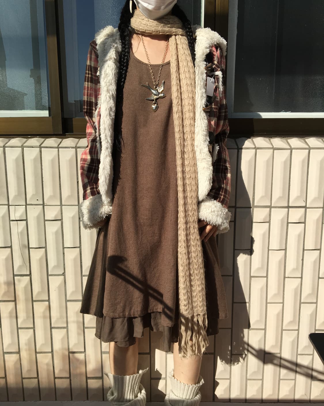 Fake fur duffle button check pattern jac 상품이미지8