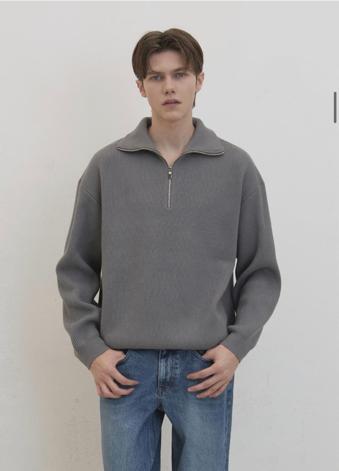 (XL) 드로우핏 오버사이즈 하프 집업 카라 울 니트 M.GREY 판매 상품이미지6