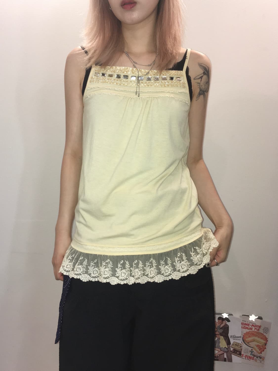 jpn vintage pale yellow lace beads sleev 상품이미지2