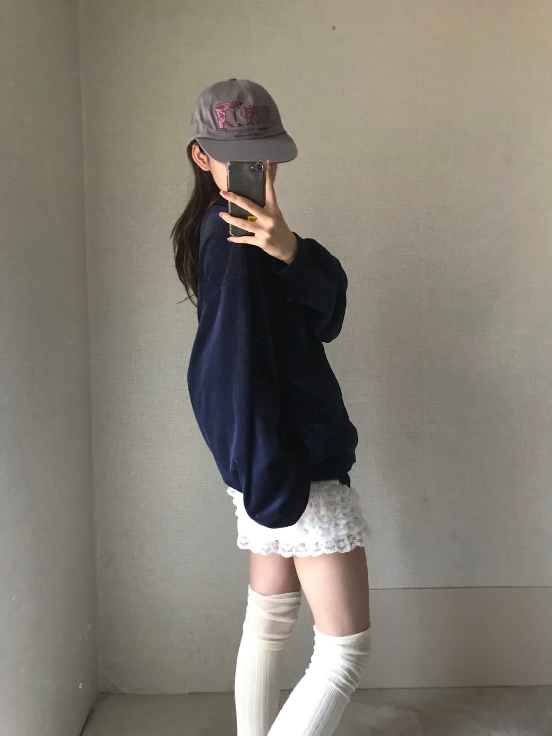 아식스 네이비 벨벳 오버핏 집업 상품이미지3