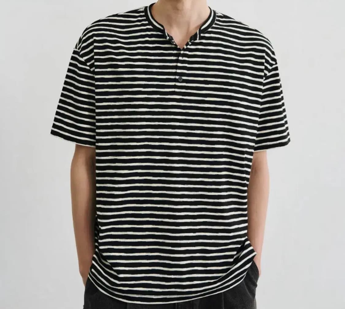 드로우핏 러프 스트라이프 헨리넥 티셔츠 블랙 L 상품이미지1