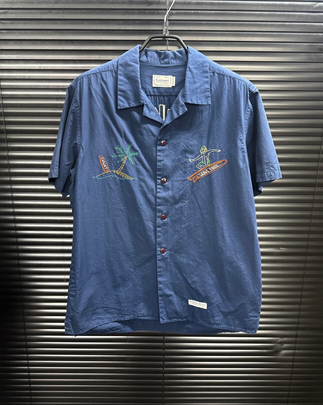 커버낫 와이키키 서핑 야자수 여인 자수 남색 네이비 하와이안 반팔 셔츠  상품이미지2