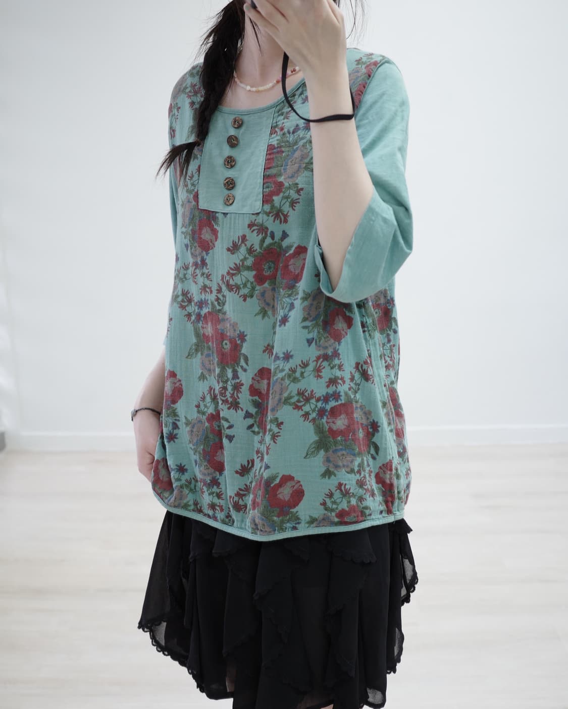Blue-green flower blouse 상품이미지1