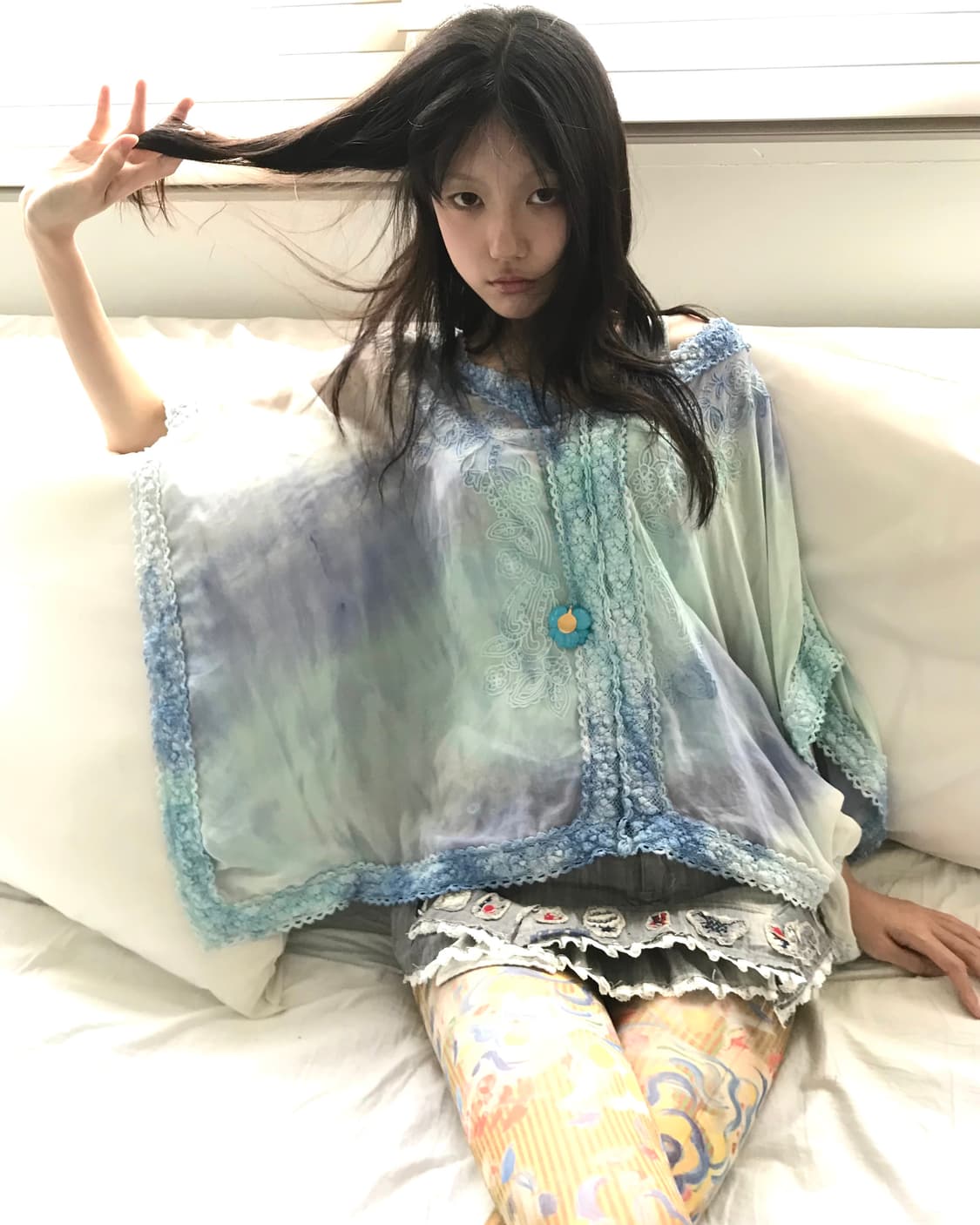 Blue tie-dye bohemian lace box blouse 상품이미지5