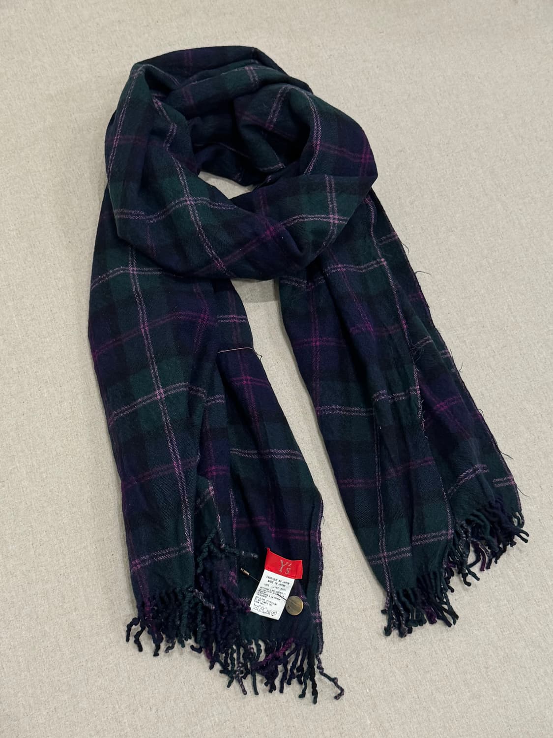 요지야마모토 러플 체크그린 울 머플러 상품이미지2