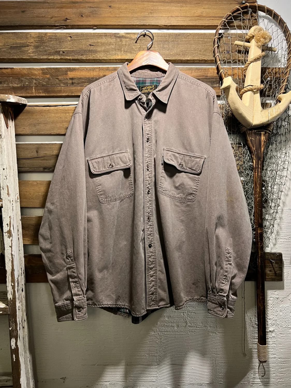 [XL]90's 에디바우어 2포켓 체크 라이닝 차콜브라운 워크 셔츠 상품이미지1