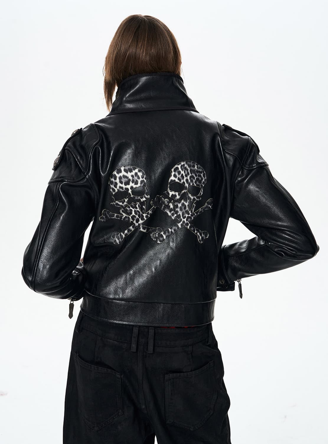 Skull Appliqué Leather Jacket 상품이미지1