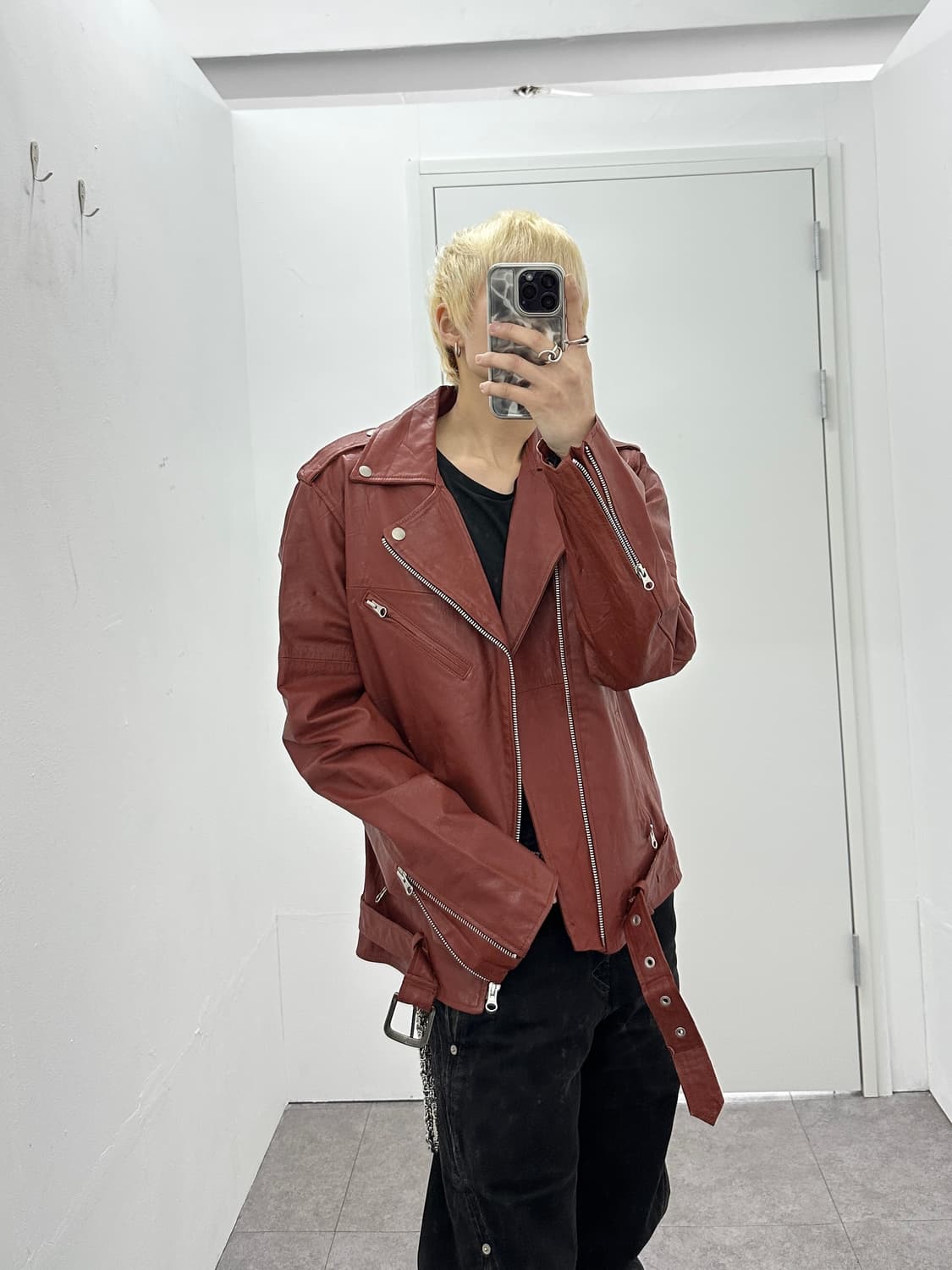 Burgundy genuine sheepskin leather jacke 상품이미지3