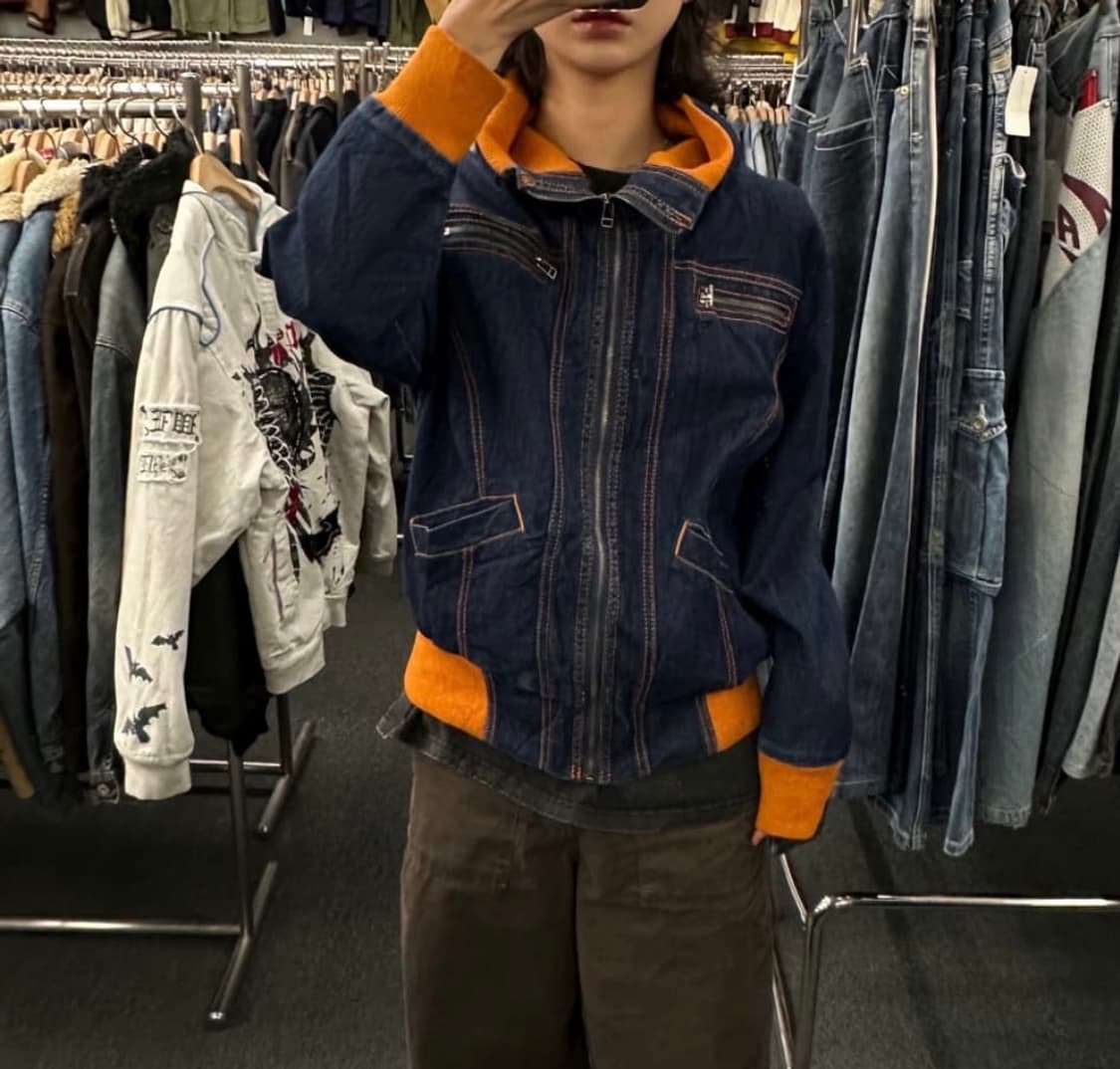 OS)Sweet Vibes 빈티지 배색 하이넥 집업 데님자켓 상품이미지1