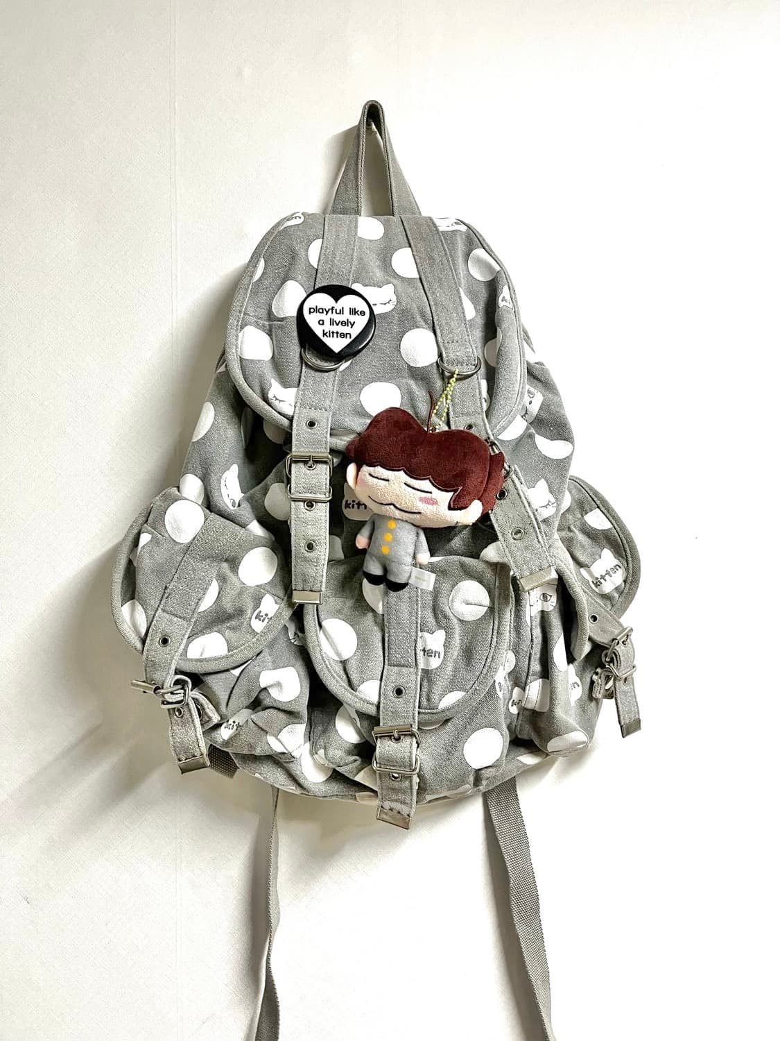 그레이 도트 고양이 빈티지 백팩 상품이미지1
