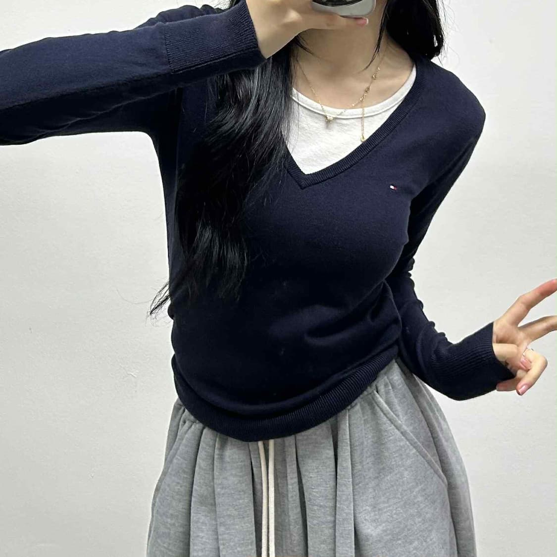 타미힐피거 걸즈 피마 코튼 브이넥 니트(S) 상품이미지1