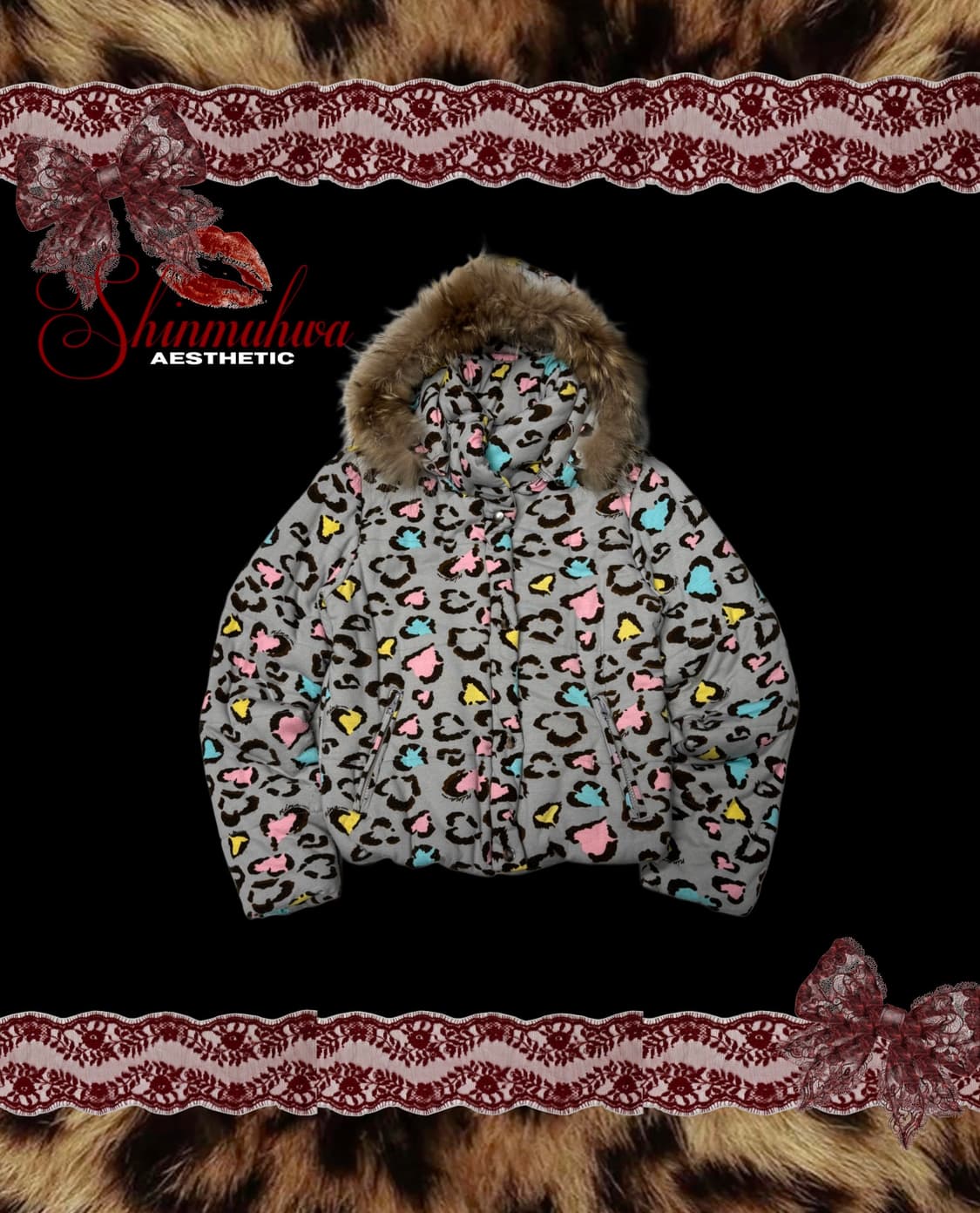 갸루 하트 레오파트 퍼 패딩  상품이미지2