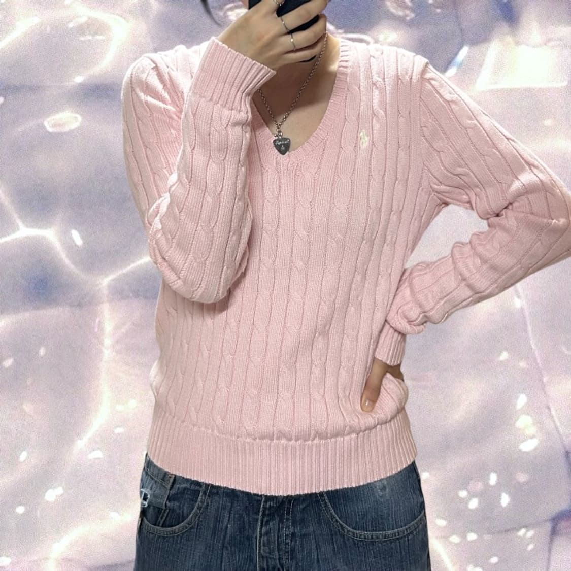 폴로 랄프로렌 신형 브이넥 꽈배기 니트 베이비 핑크 연핑크 M 상품이미지3