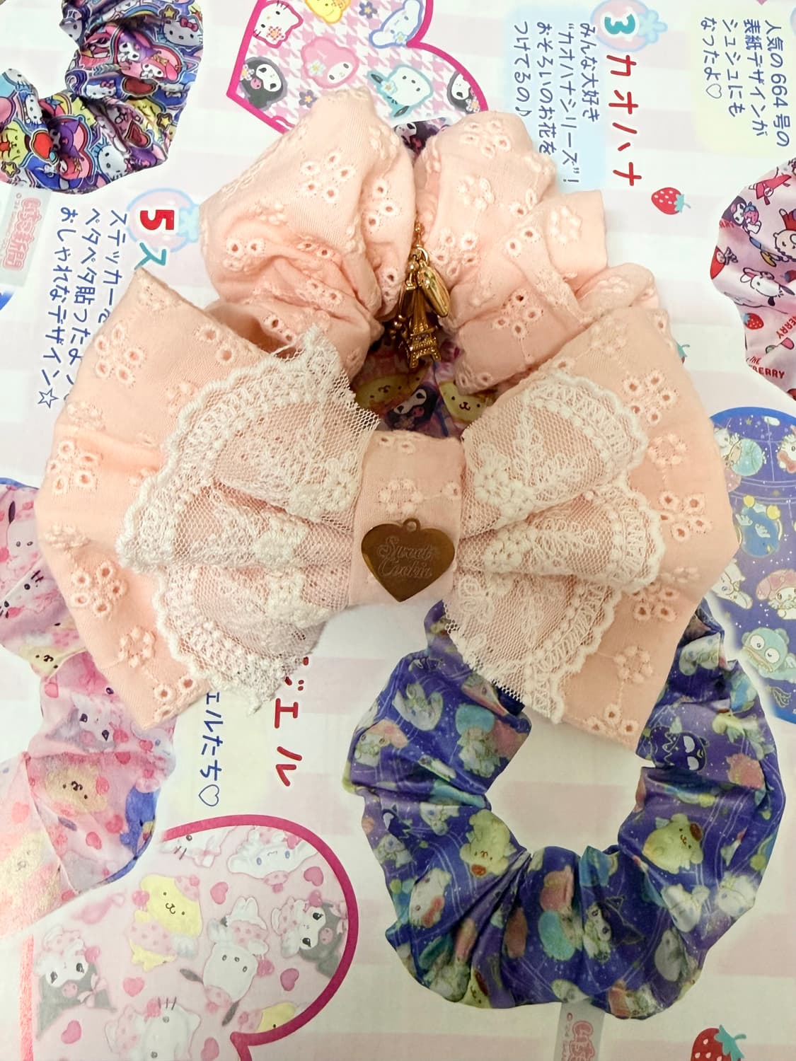 스쿠쿠 히메갸루 히메카지 피치 코랄 펀칭 리본 헤어 슈슈 헤어끈 갸루 상품이미지2