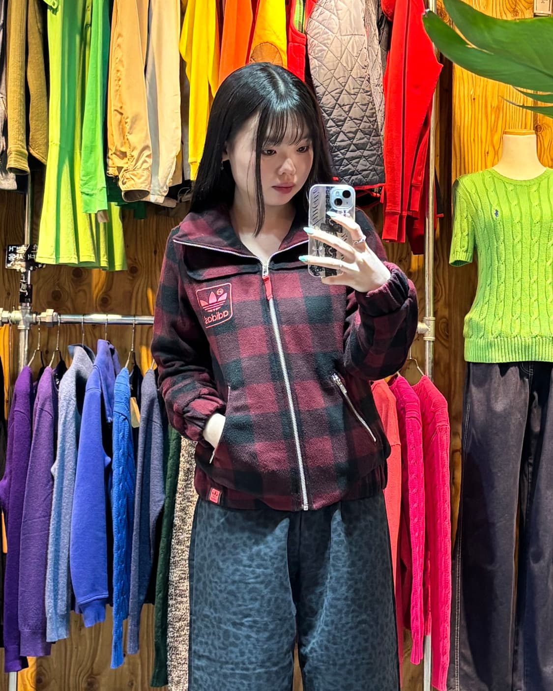 S 아디다스 파이어버드 레드 타탄체크 롱카라 자켓 상품이미지1