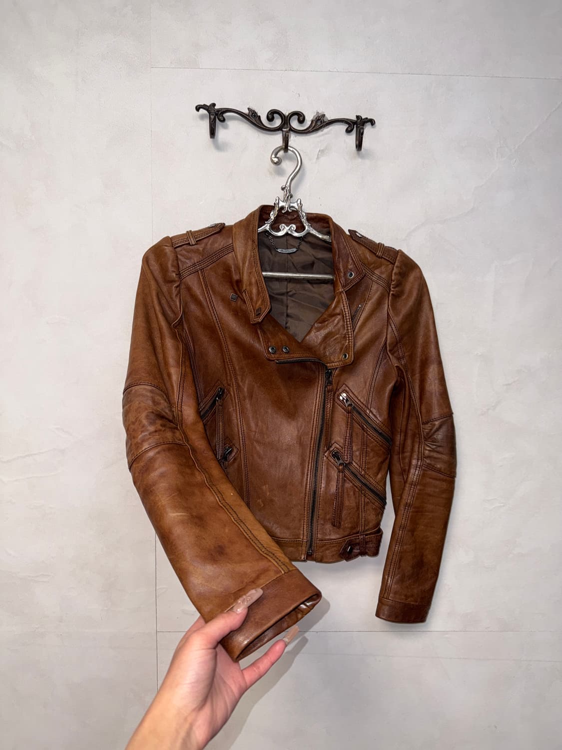 Brown lamb skin shirring zipper jacket  상품이미지3