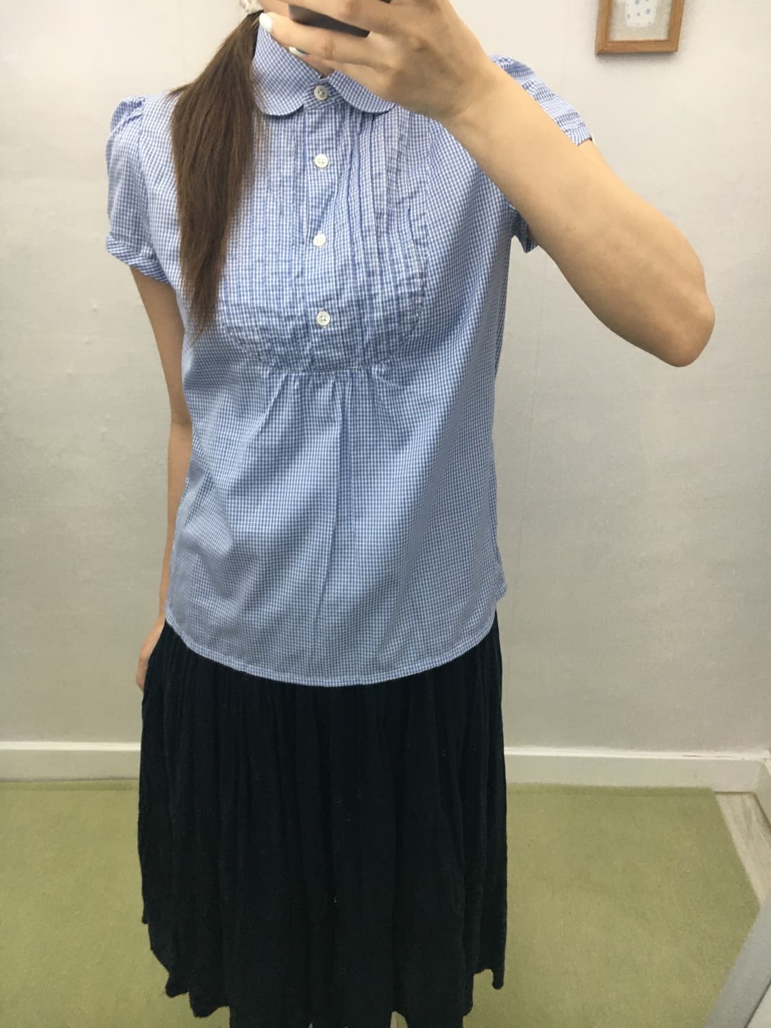 블루 체크 둥근 카라 블라우스 상품이미지4