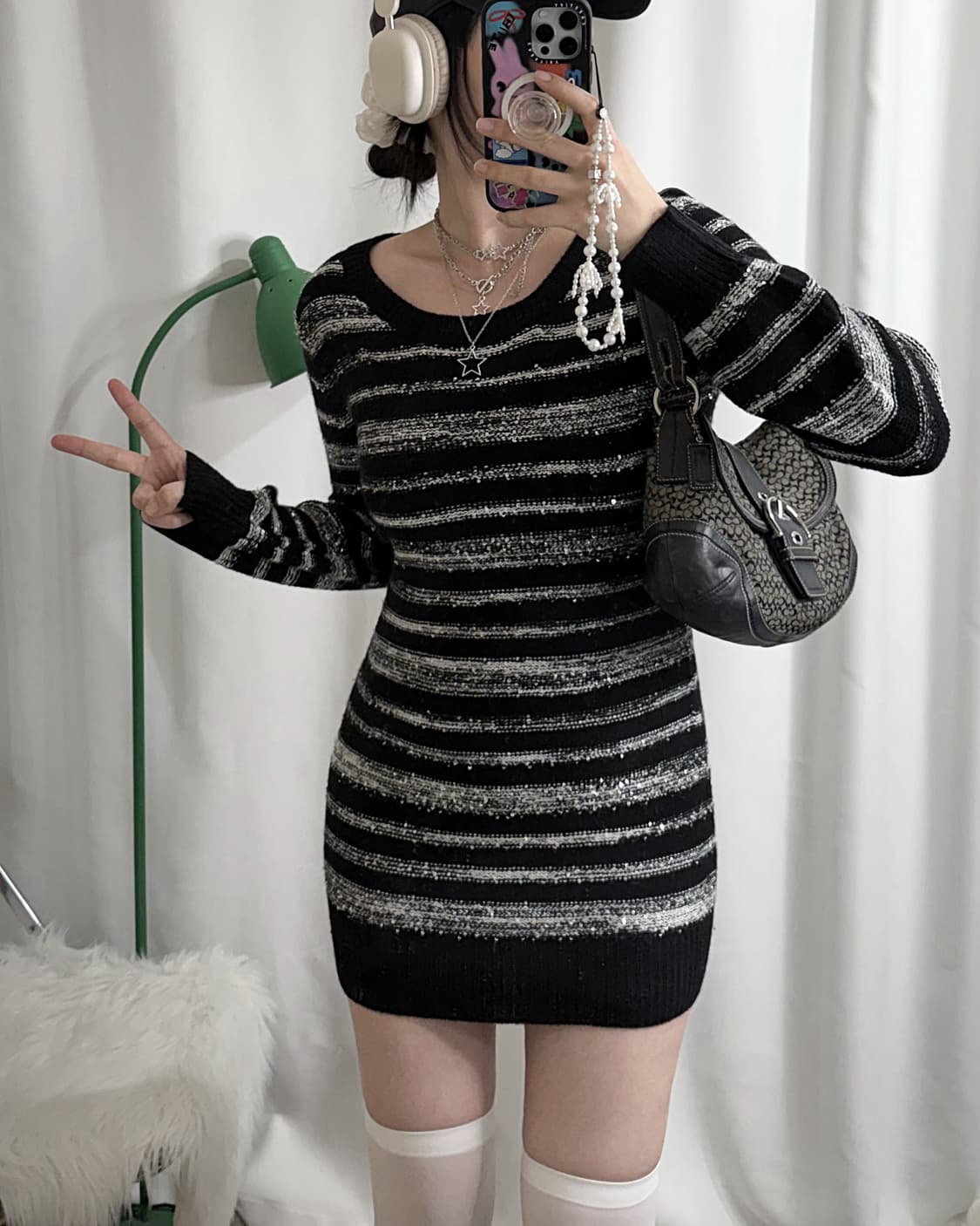 블랙 & 화이트 스팽글 니트 미니 원피스 상품이미지2