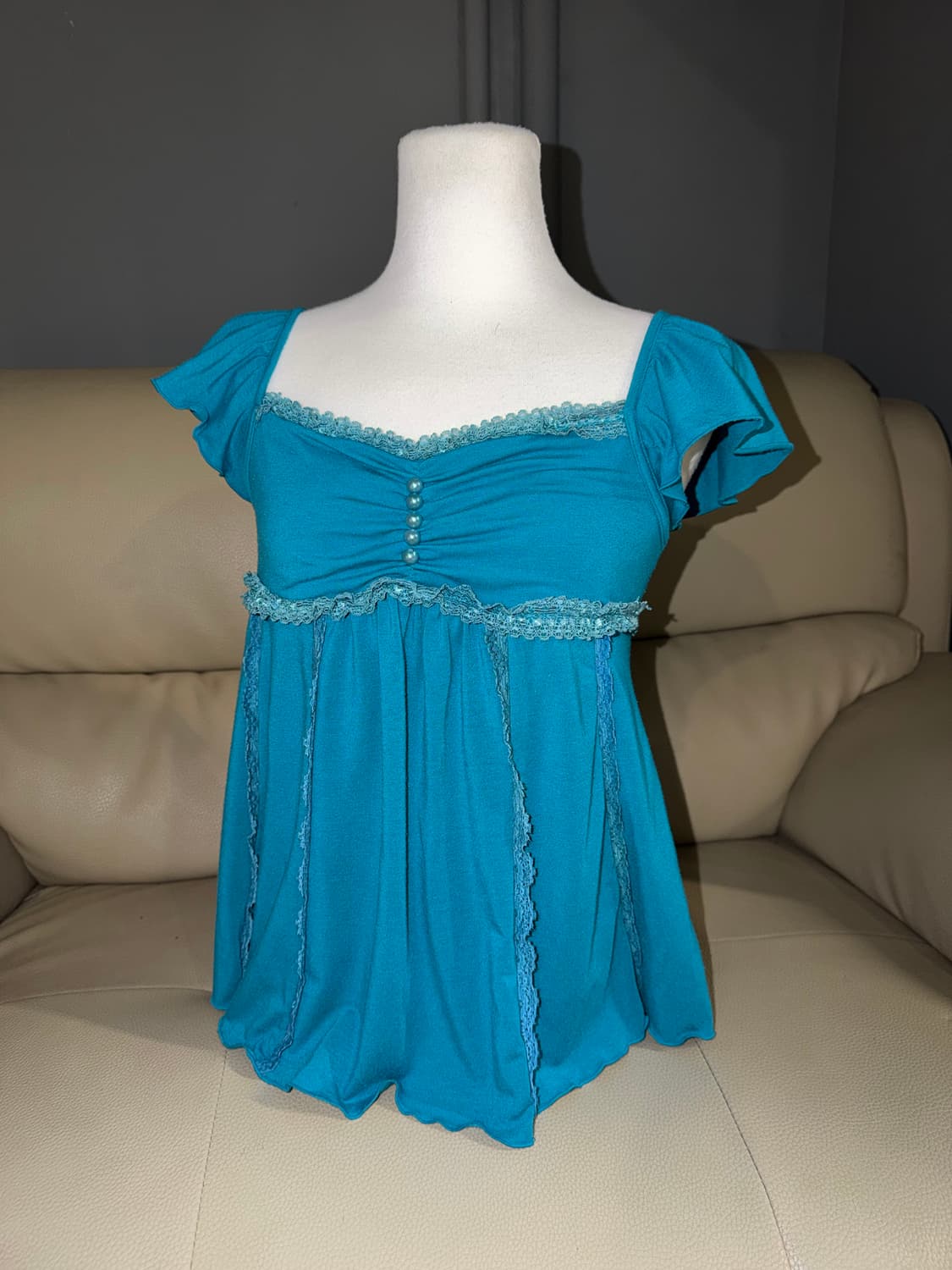 Aqua blue lace line button-up top 상품이미지1
