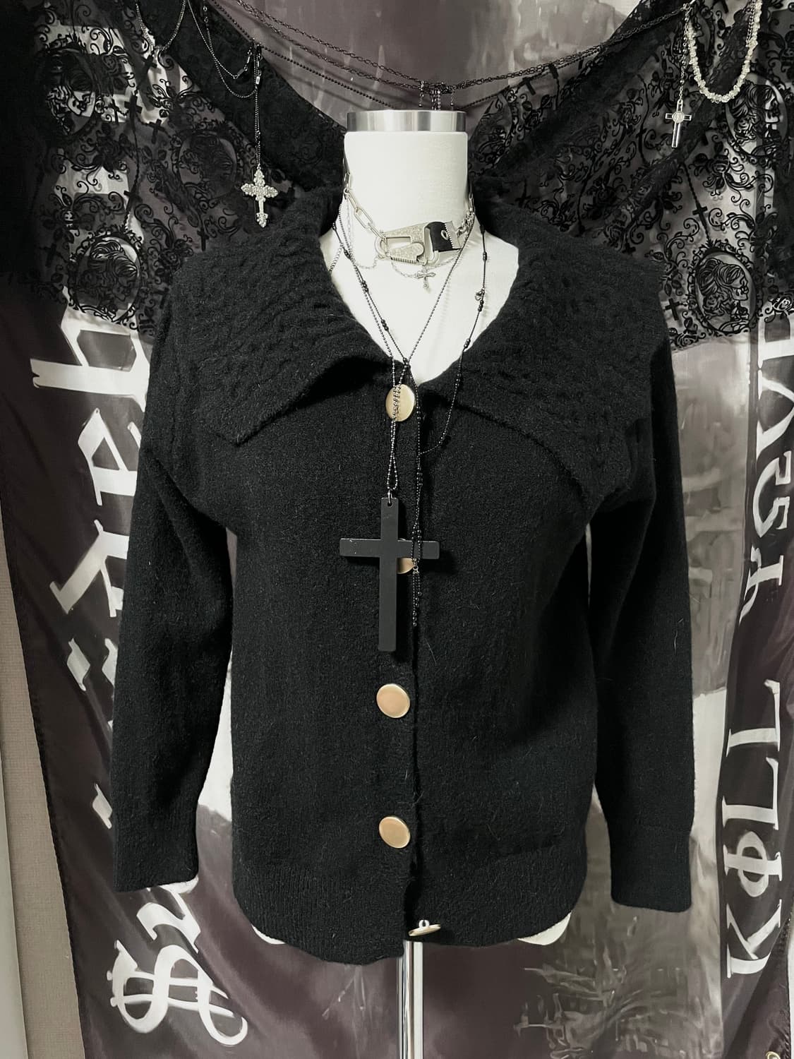 빈티지 블랙 빅카라 세일러 금장버튼 니트가디건 모리걸로걀갸루디마럽마즈st 상품이미지1