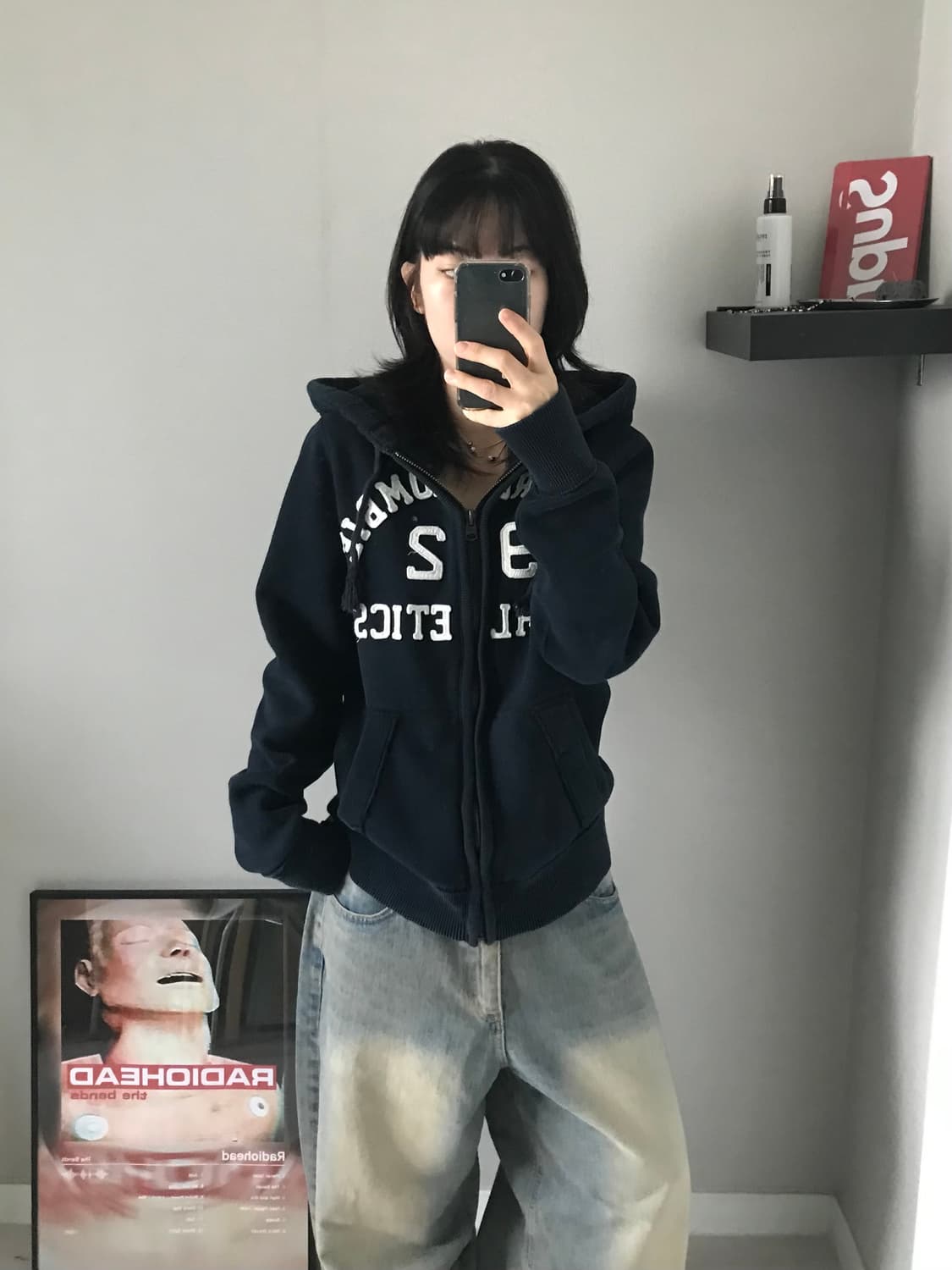 아베크롬비 헤비코튼 자수 로고 네이비 후드집업 상품이미지1