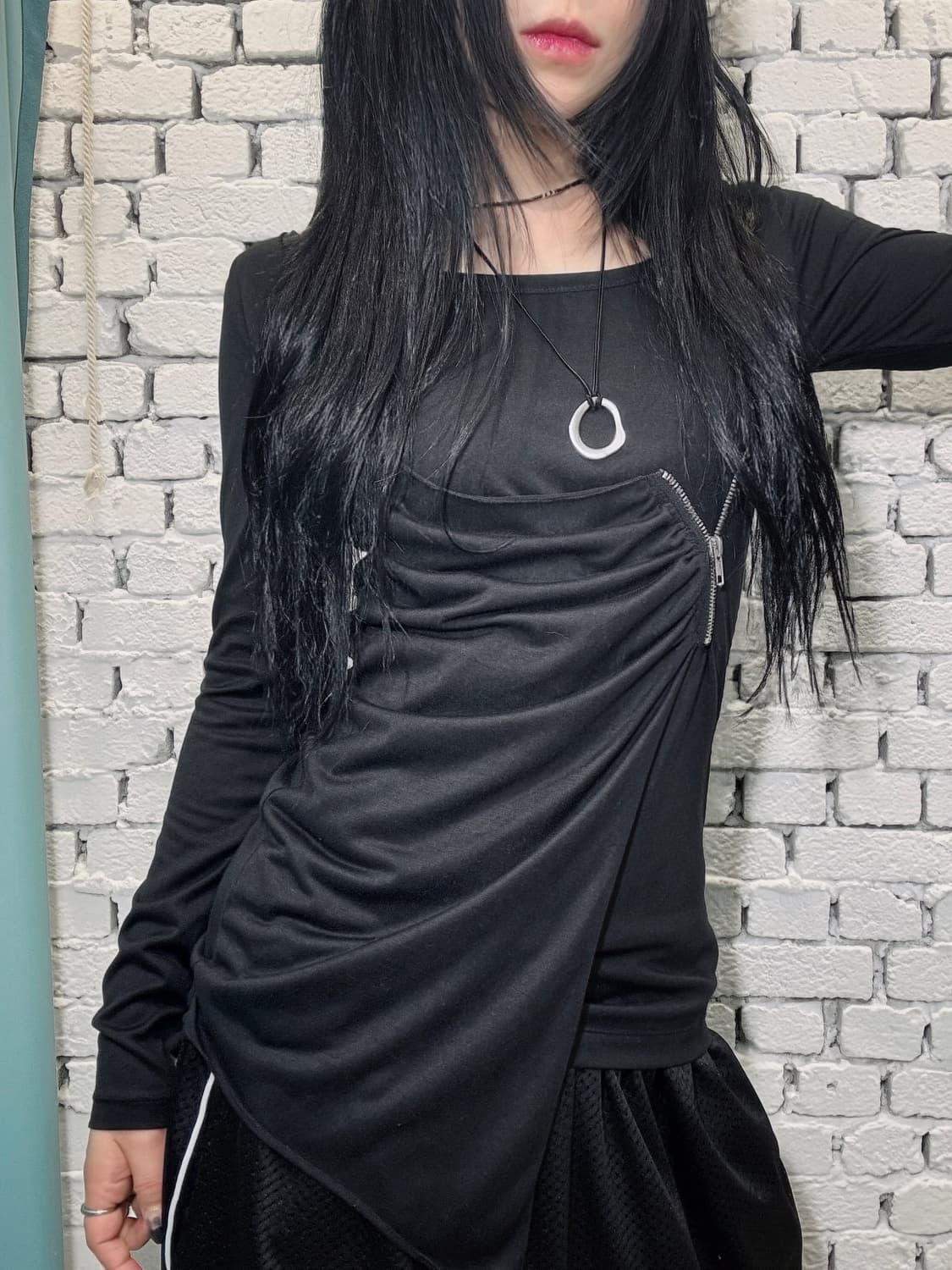 Asymmetric Zip Shirring Long Sleeve Top 상품이미지2
