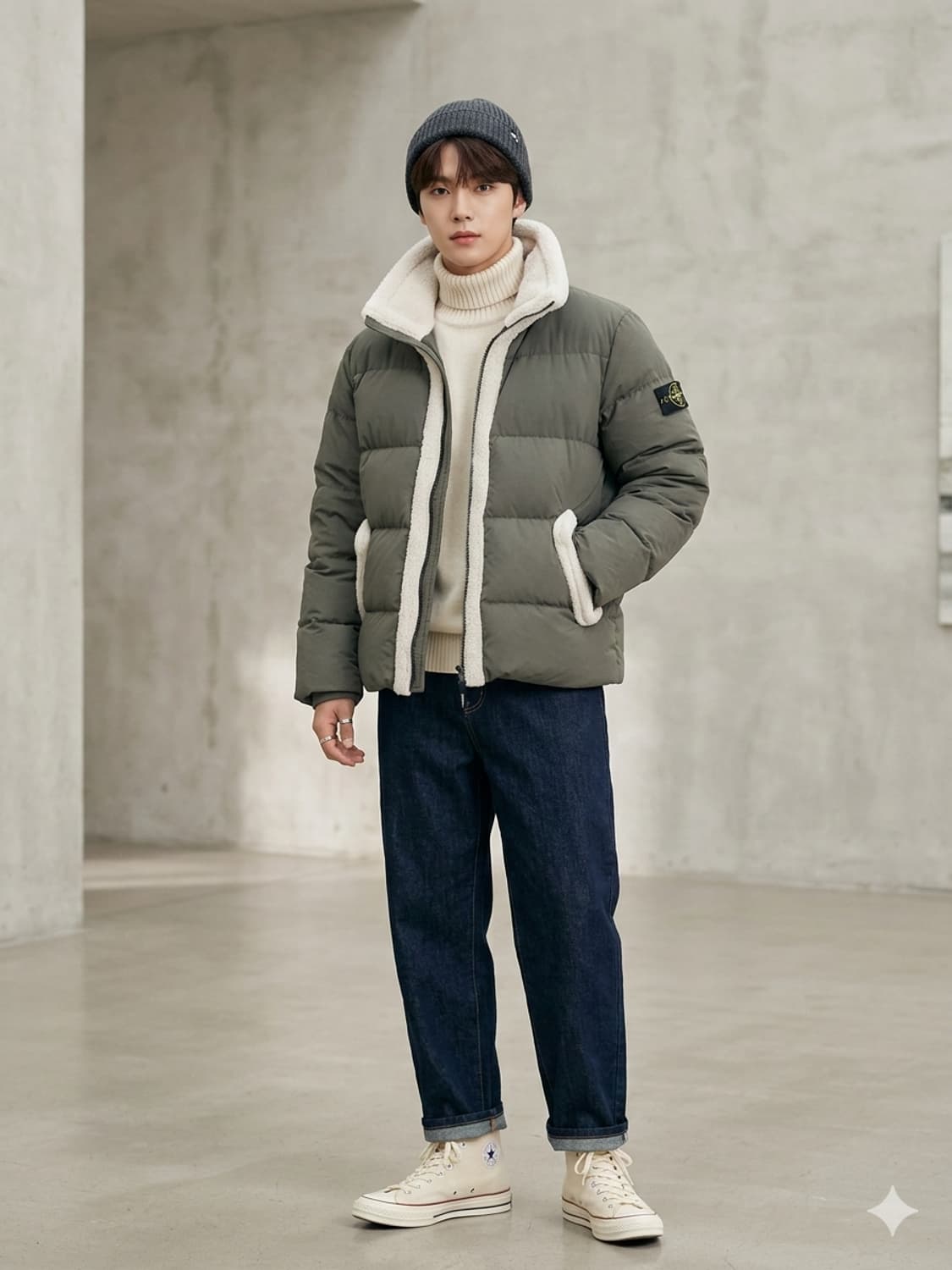 내셔널지오그래픽 뽀글이 덕다운 숏패딩 카키 상품이미지1