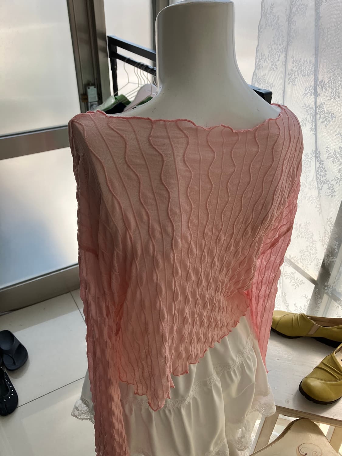 딸기 우유 핑크 셔링 시스루 레이어드 가디건 1280 모리걸 일본빈티지  상품이미지2